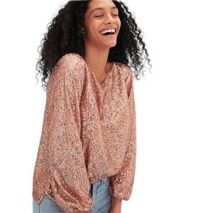 Loft NWT Pink Sequin Puff Sleeve Blouse Pullover Size XS